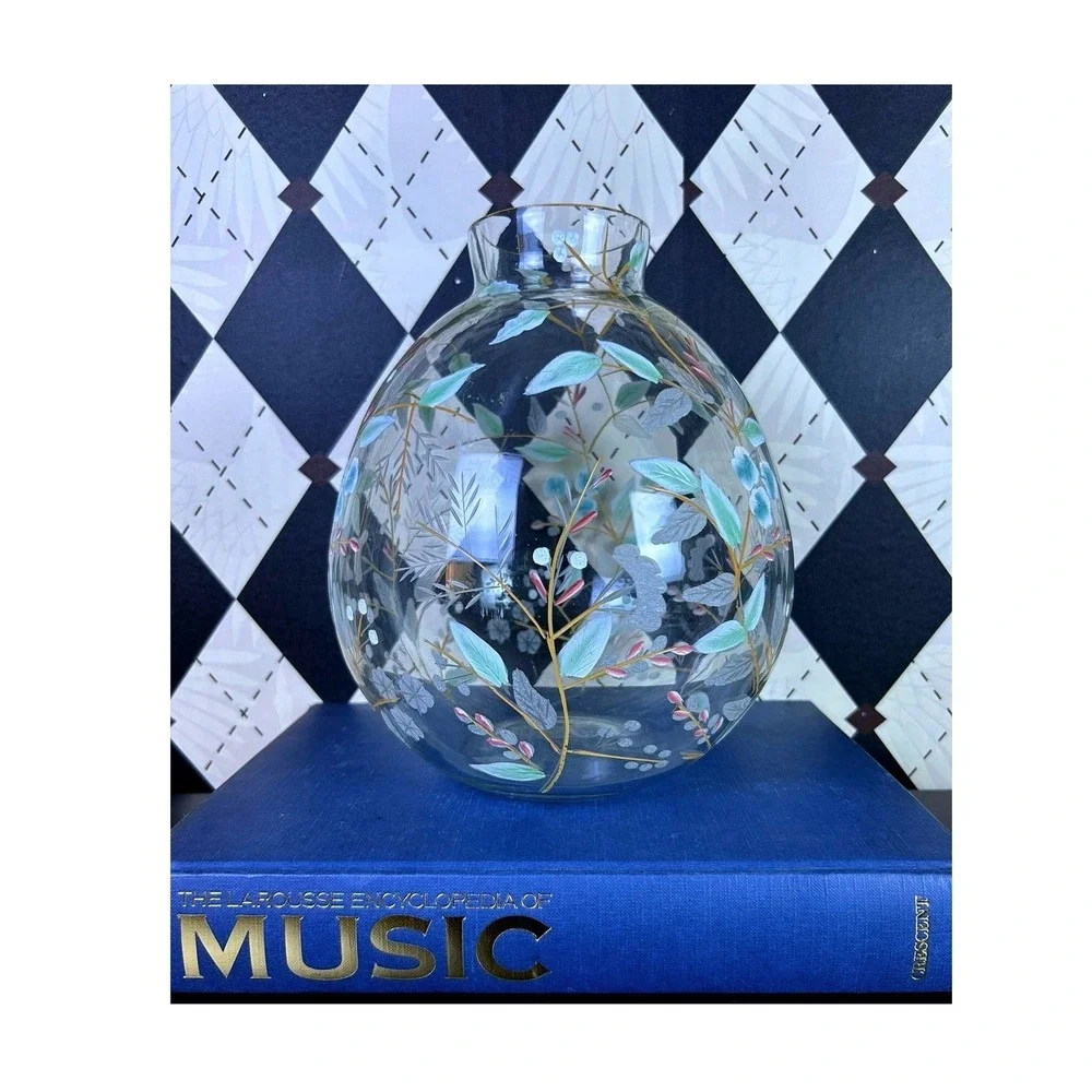 Anthropologie Bella Handpainted Floral Glass Vase Large 9.5 Inch